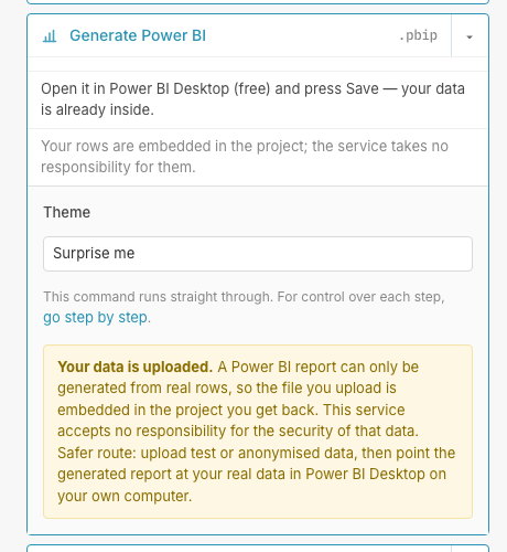 The Generate Power BI command opened in the DASH:Gen window: the .pbip format, a theme field, a link to go step by step, and a notice that the uploaded rows are embedded in the project.